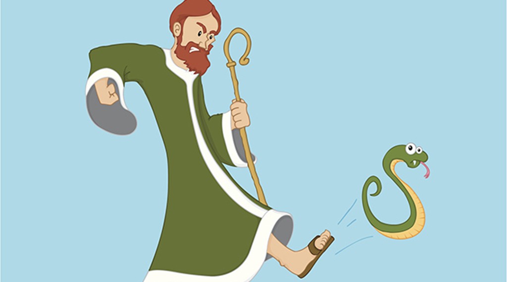 Saint Patrick kicking the snakes out of Ireland (cartoon)