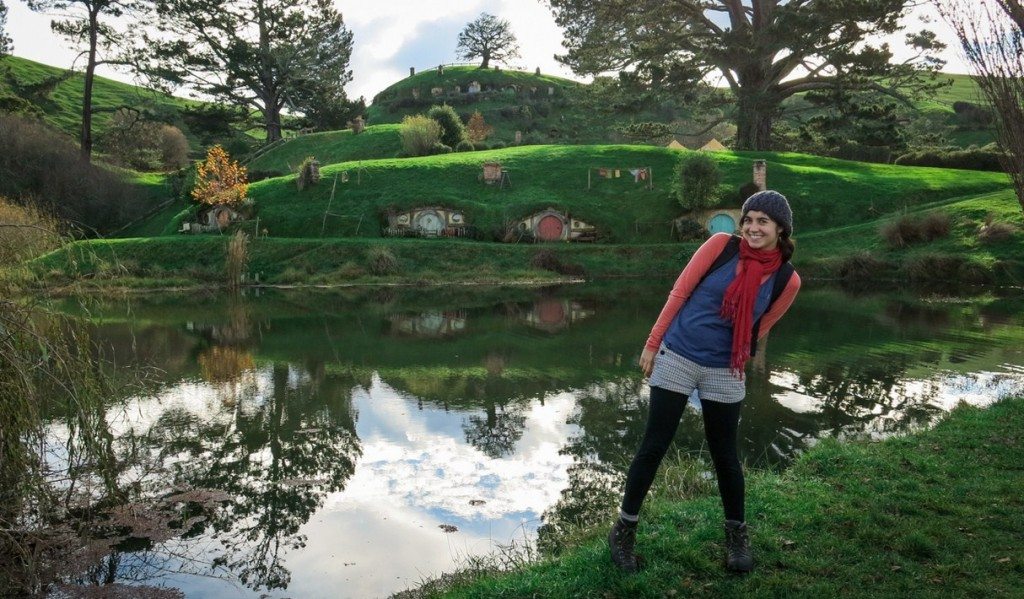Woman at Hobbiton, a Lord of the Rings set in New Zealand