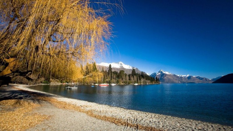 View of the water and mountains in Queenstown, New zealand