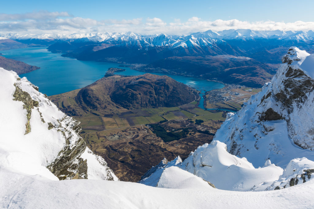 View of Queenstown, NZ from a snowy mountain
