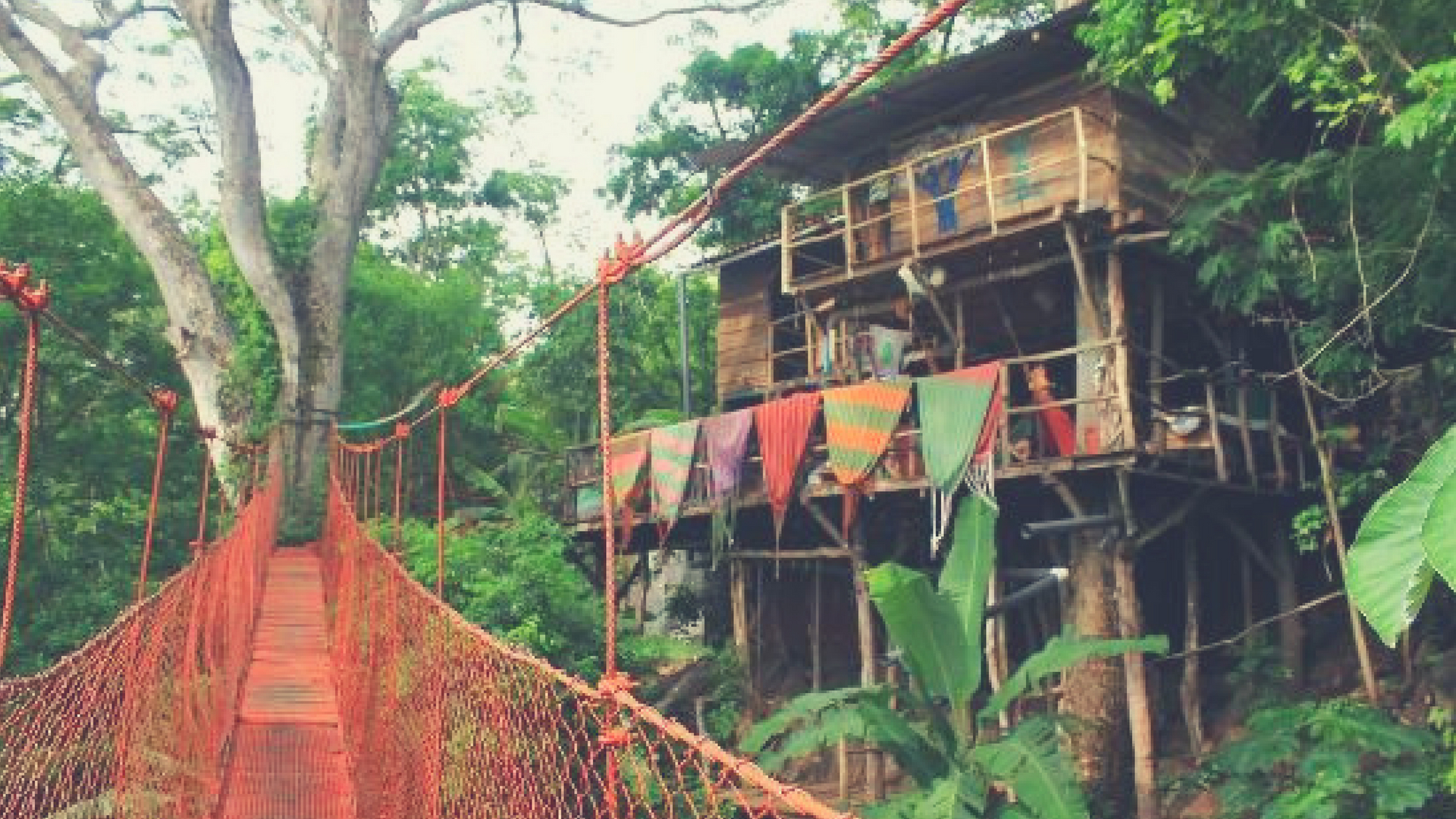Red suspended bridge leading to wooden tree house, Nicaragua's treehouse Hostel