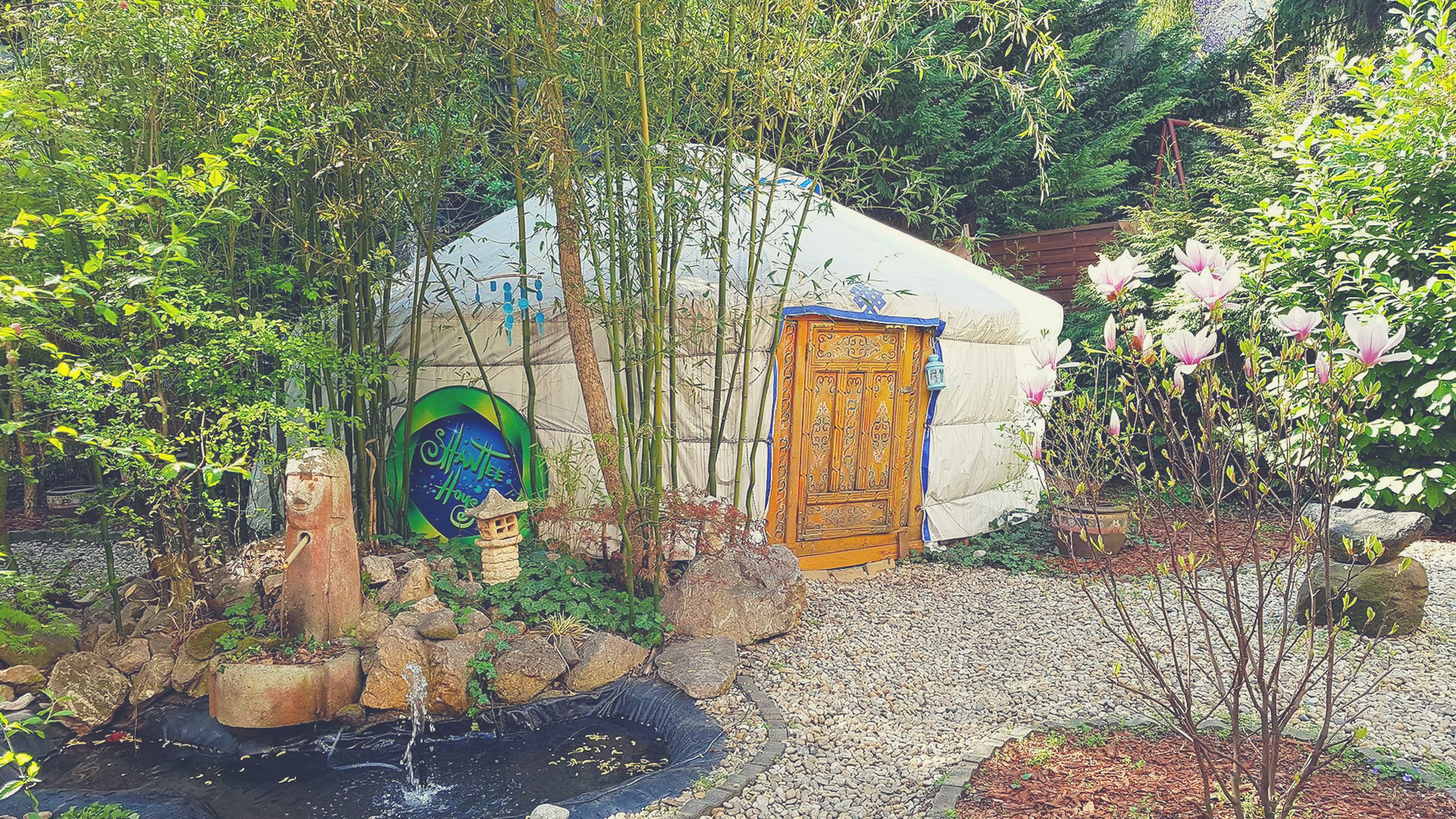A yurt in the garden of the Shantee House Hostel in Hungary