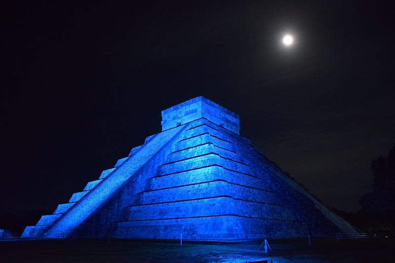 Temple under blue light in Chichen Itza