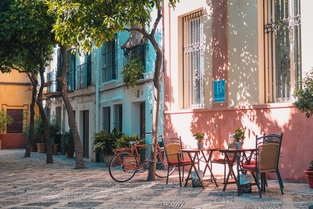 Bikes leaning against a tree on a sun lit street in Barcelona