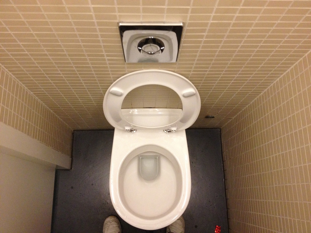A toilet with the seat up seen from above 