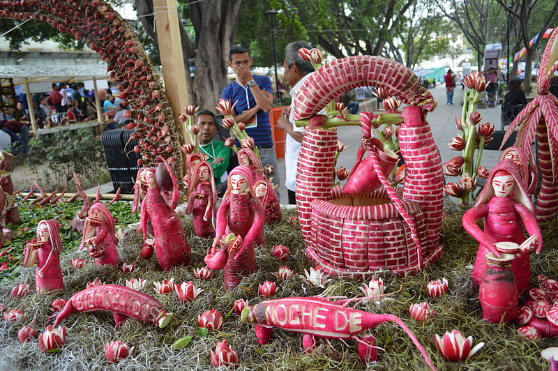 A scene of carved radishes at the Noche de Rábanos, food festival in Mexico 