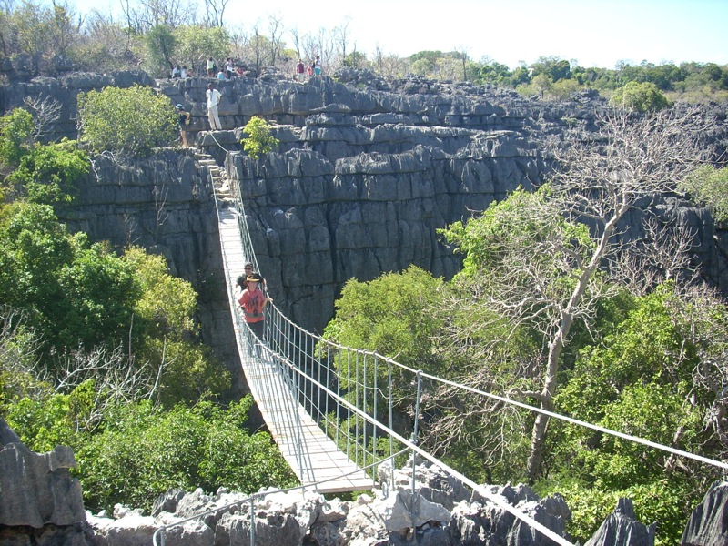 A group of tourists crossing a long hanging wooden bridge in Tsingy de Bemaraha Strict Nature Reserve, Madagascar