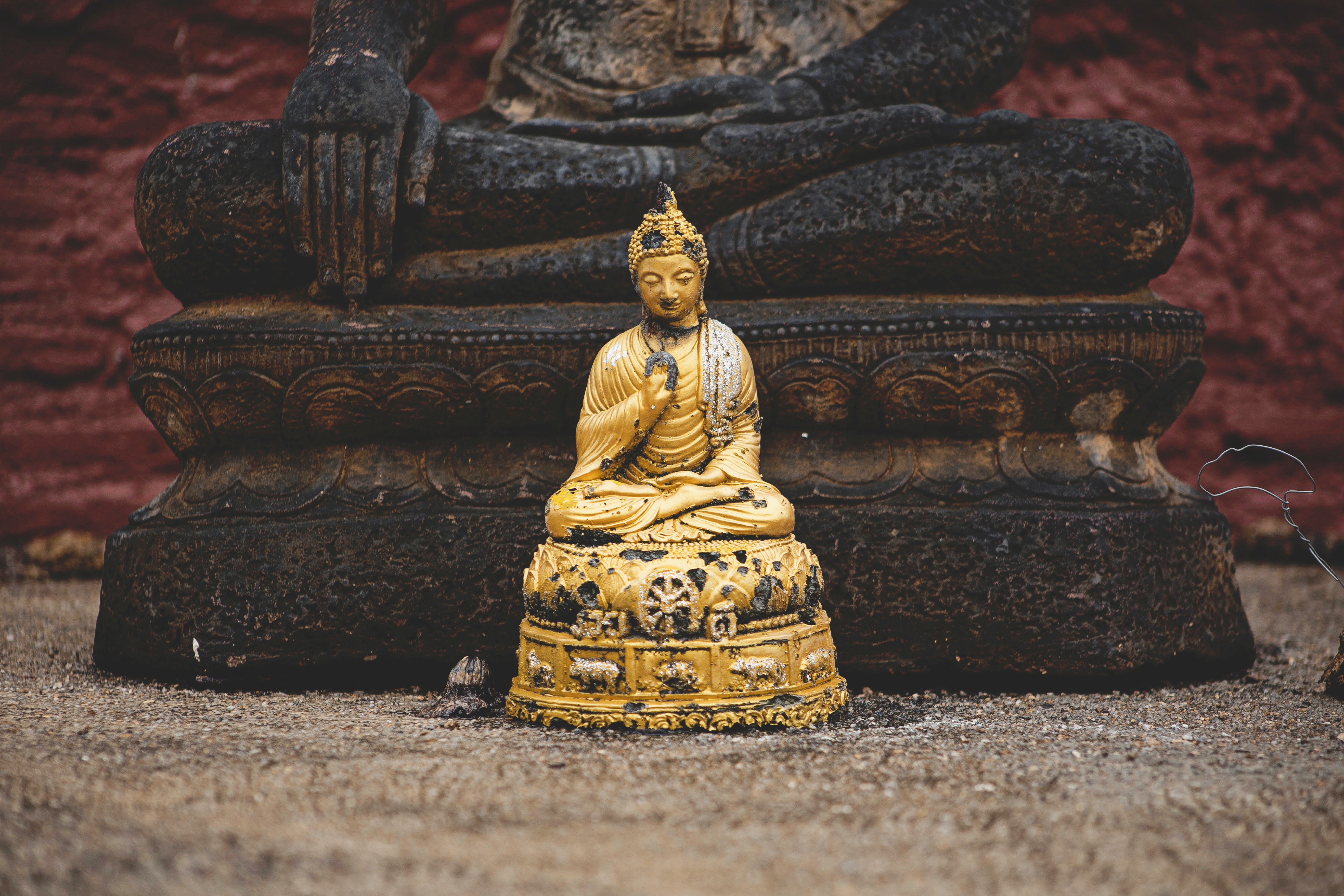 A smaller golden buddha statue in front a a much larger stone ruin of a buddha statue.