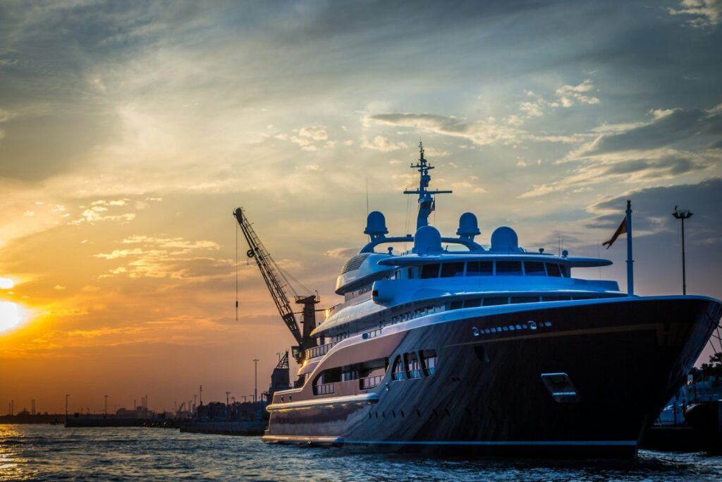 yacht at dusk