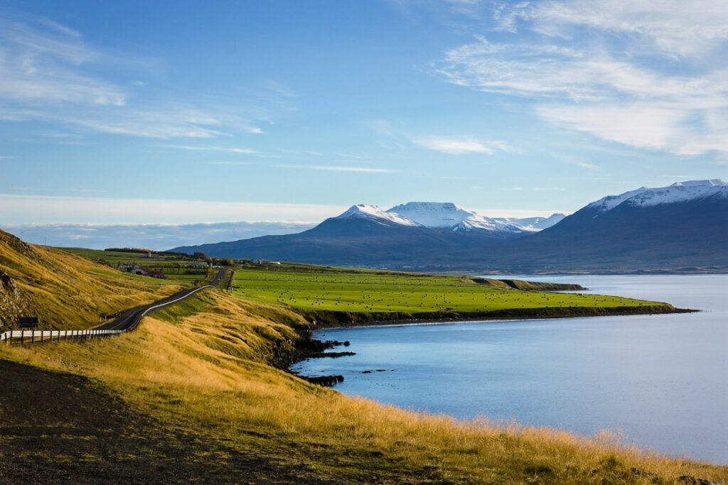 This is the main highway circling Iceland’s majestic beauty. The snow-capped mountains are a welcome site as you drive towards the island’s second most-populated city, Akureyri