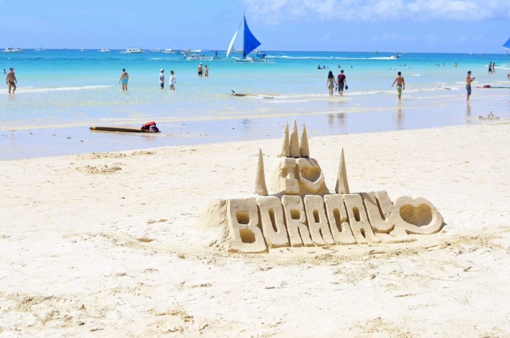 sand lettering of boracay in boracay beach in the philippines