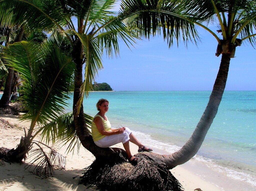 a lady sitting between a tree on the beach of fiji